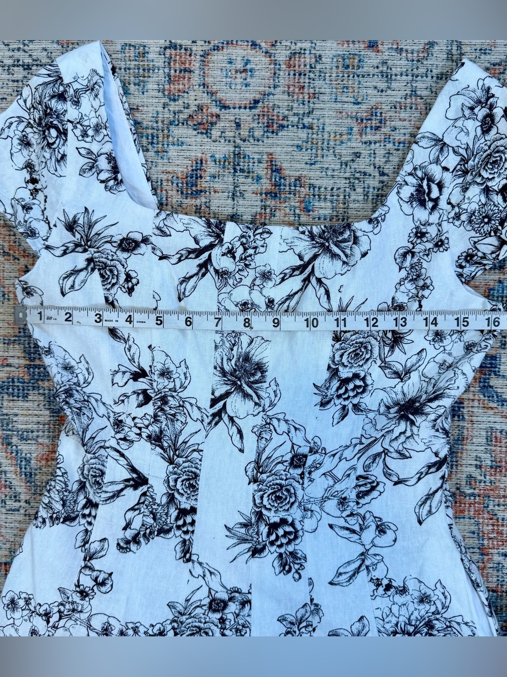 Linen Blend Bagatelle Artsy Boho Euro Summer White Black Floral Midi SunDress 6 - Picture 9 of 12
